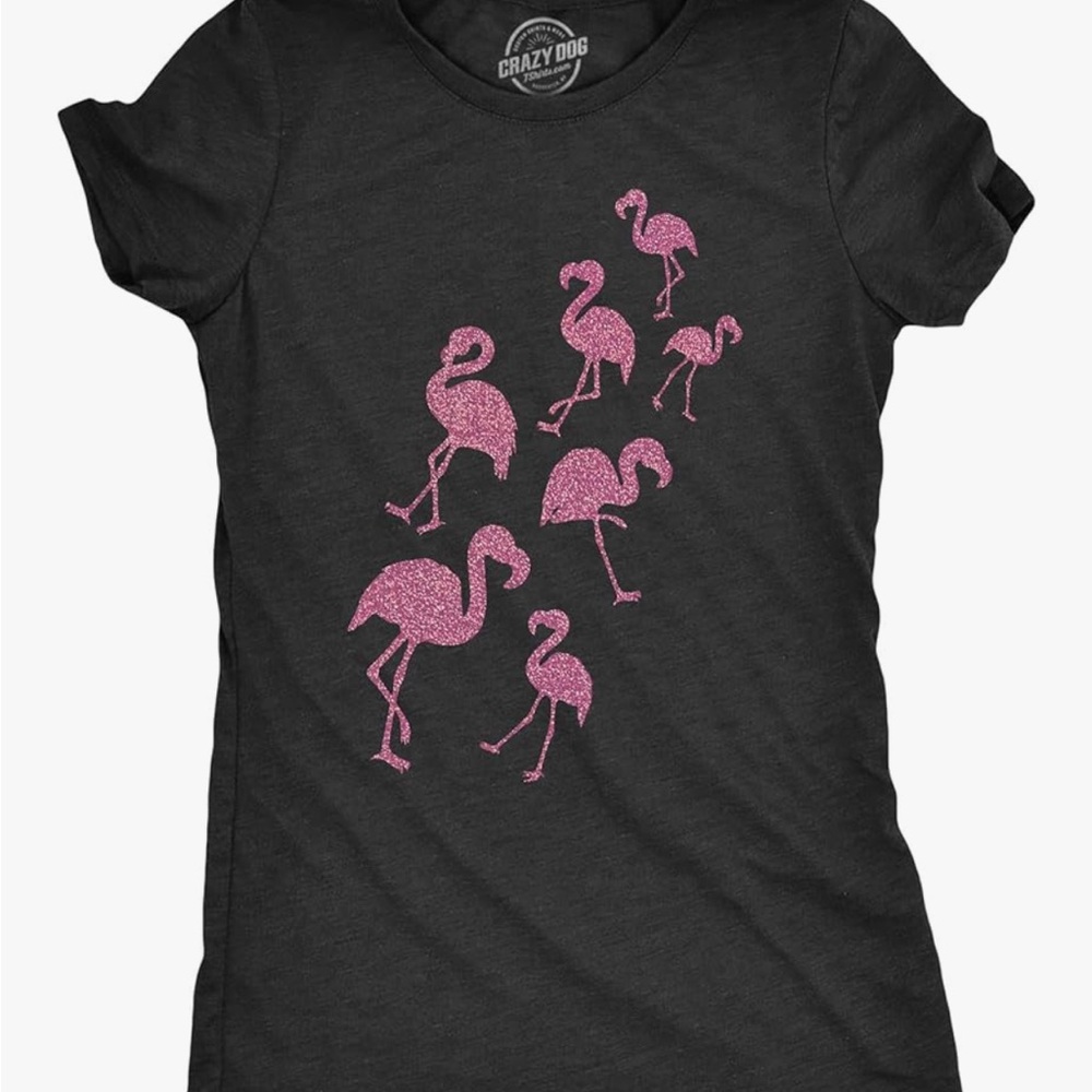Women’s Flamingo Graphic Tee - charcoal grey and Pink glitter
